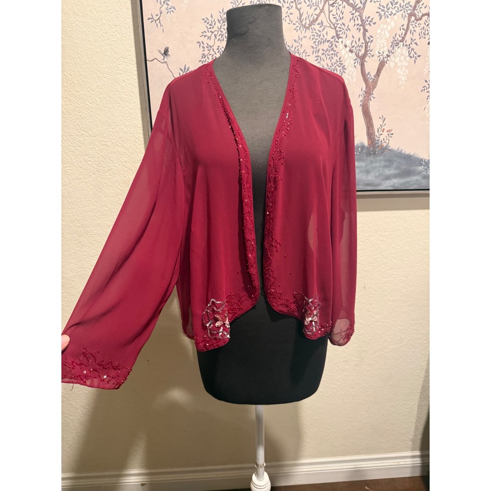 Alex Evenings Burgundy Beaded Sequin‎ Chiffon Bolero Shrug Jacket Plus 24WP